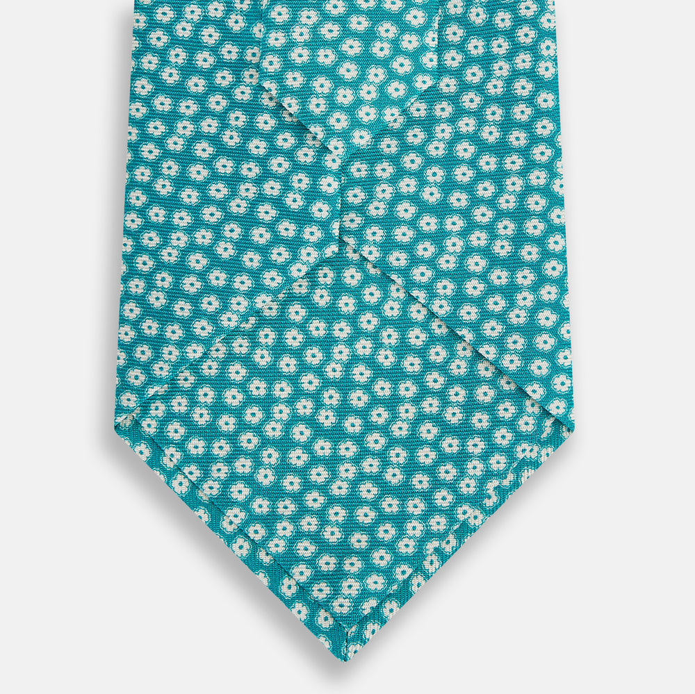 Turquoise Flower Patterned Printed Silk Tie