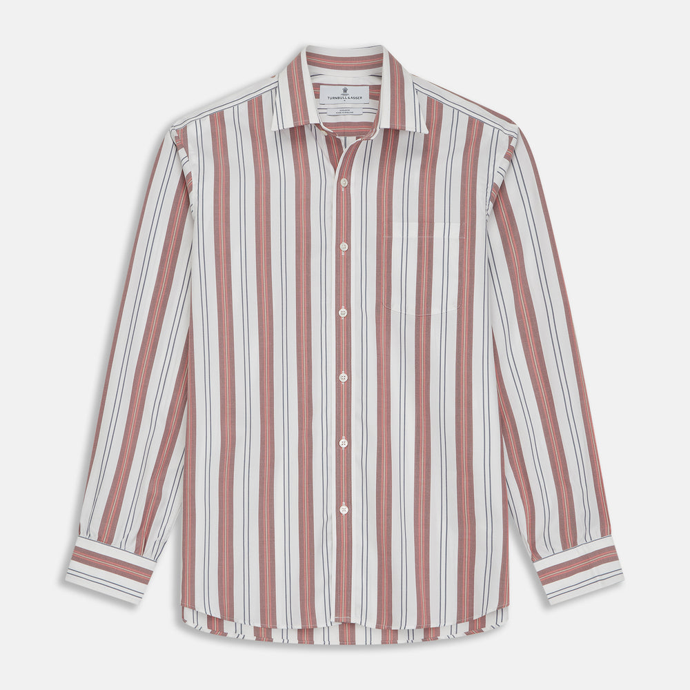 Red, Blue & White Stripe Weekend Fit Shirt with Derby Collar & 1-Button Cuffs