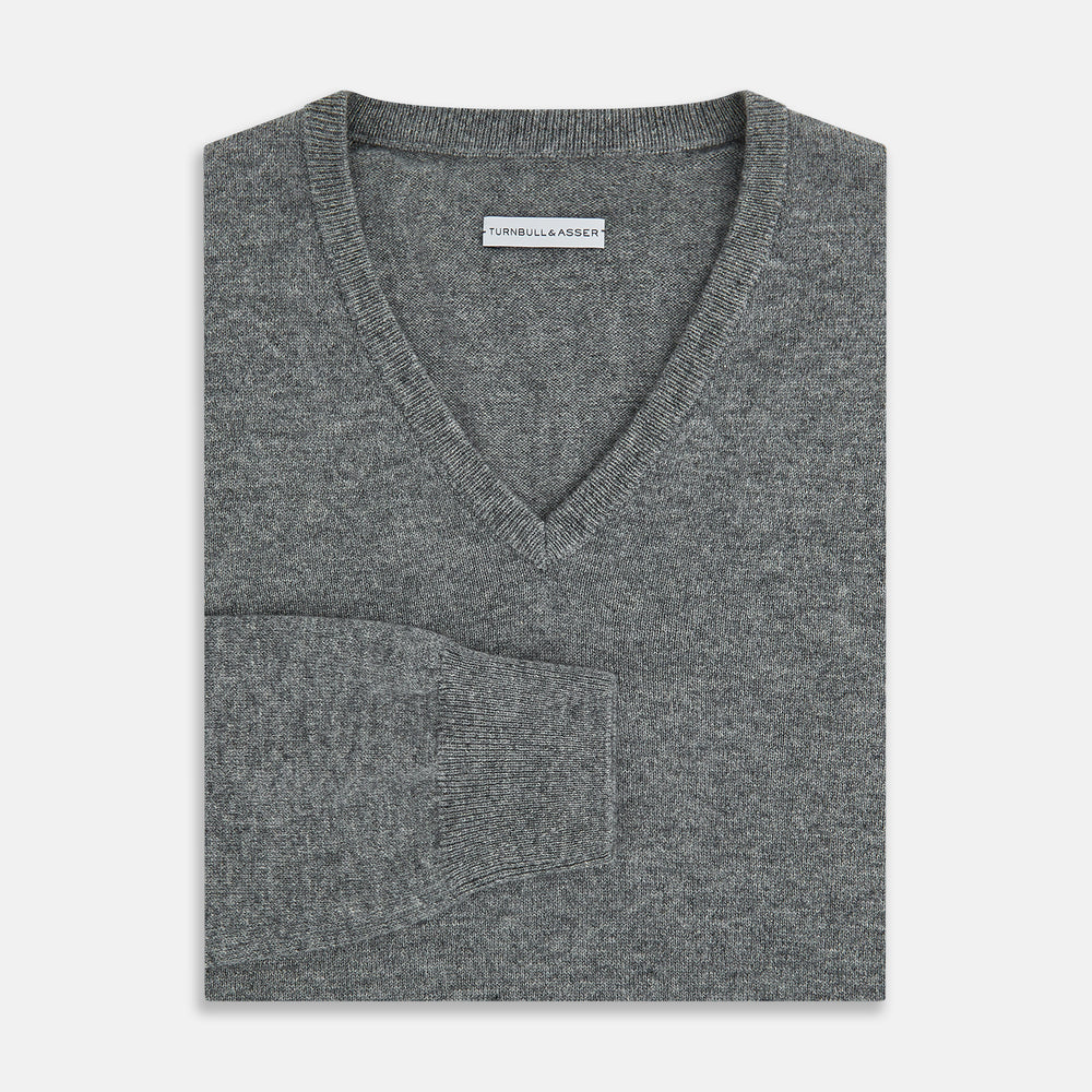Grey Melange Cashmere V-neck Jumper
