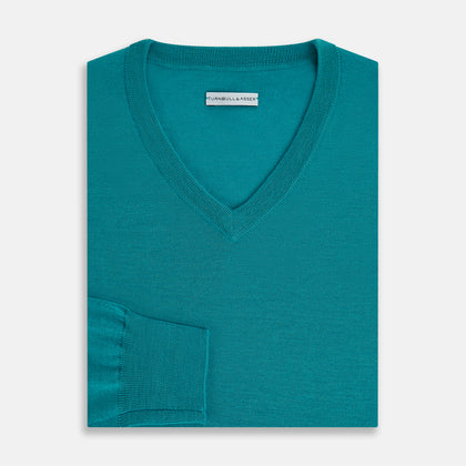 Turquoise Fine Merino V-Neck Jumper Image 3