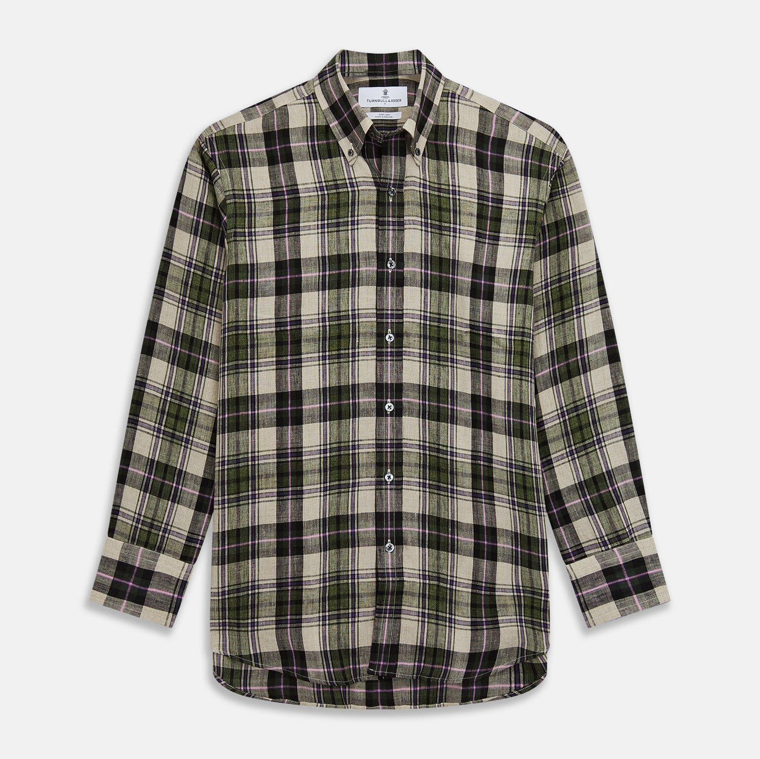 View 1 of product Green & Purple Check Weekend Fit Linen Shirt with Dorset Collar and 1 Button Cuffs