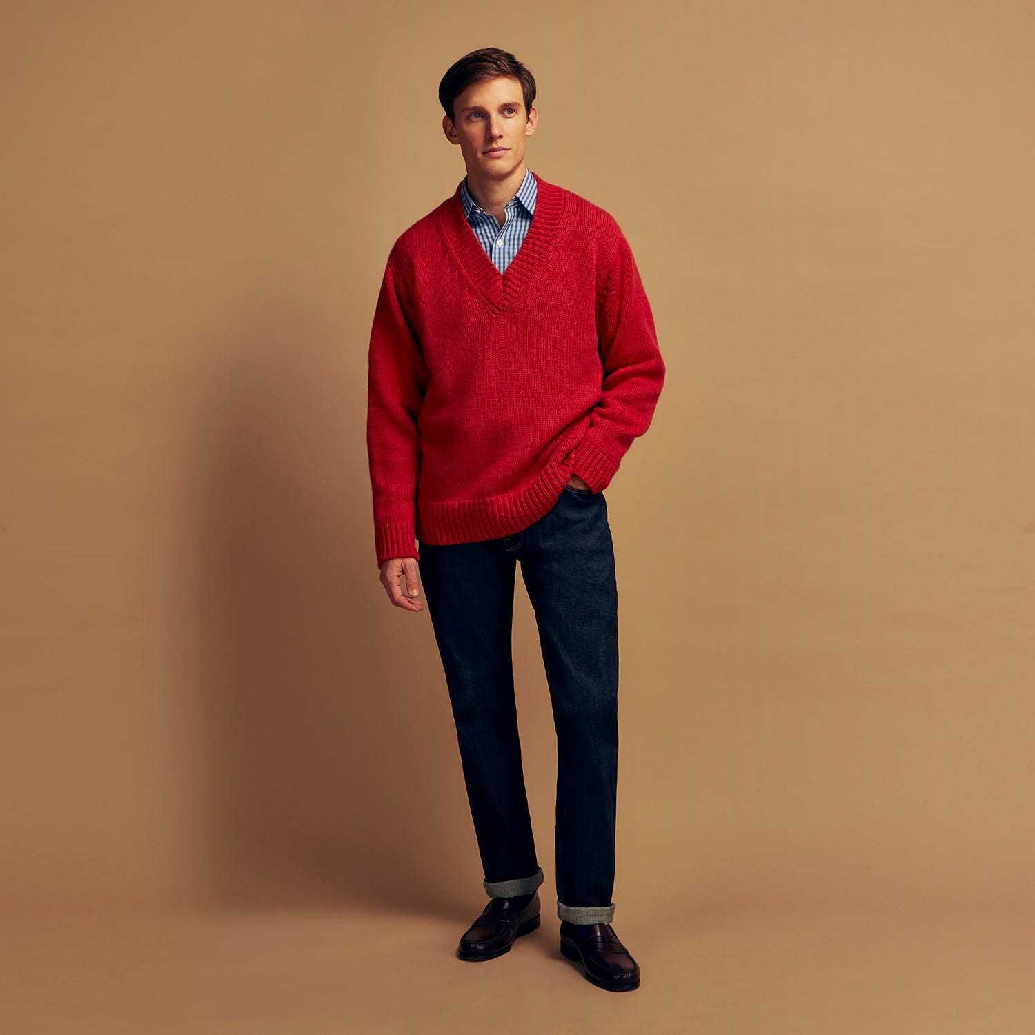 View 2 of product Raspberry Red Cashmere Edwards V-Neck Sweater