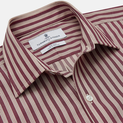 Burgundy Multi Stripe Weekend Fit Wool Shirt with Derby Collar and 1 Button Cuffs Image 1