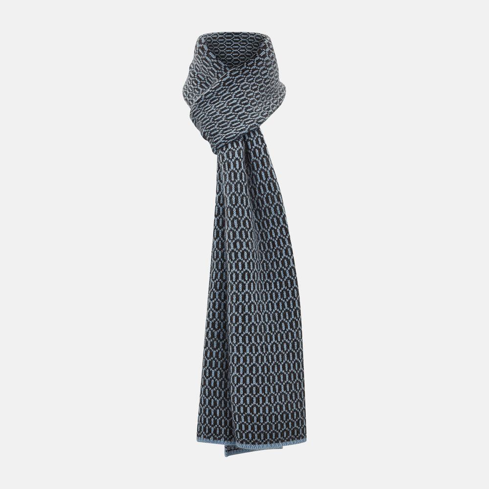 Dark Chocolate and Pale Blue Hexagon Cashmere Knitted Scarf
