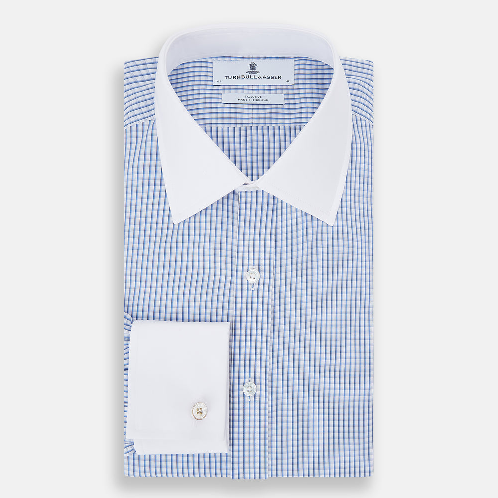 Sky Blue Micro Shadow Check Shirt with Contrast Collar and Double Cuffs