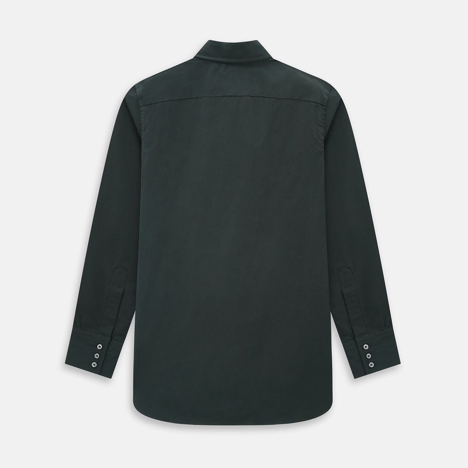 View 3 of product The FOREST GREEN WINDSOR SHIRT by Turnbull & Asser features long sleeves, a Windsor collar, and buttoned cuffs, exemplifying British craftsmanship. Displayed on a plain white background.