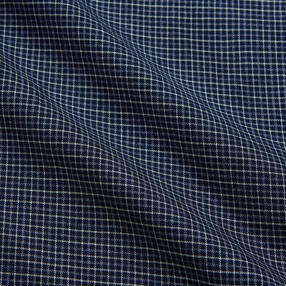 Navy Check Weekend Fit Flannel Shirt with Stand Collar and 1 Button Cuffs