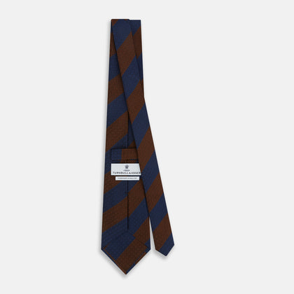 Brown and Navy Block Stripe Silk Tie Image 3