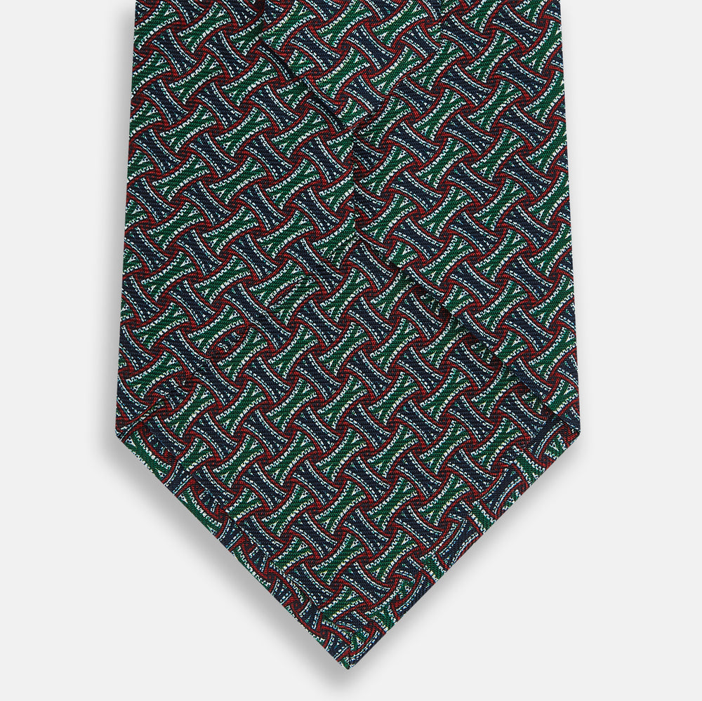 Forest Green and Red Weave-Patterned Printed Silk Tie