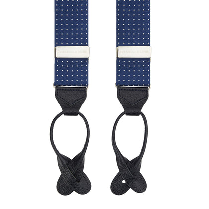 Navy & White Small Spot Adjustable Silk and Navy Leather Braces Image 3