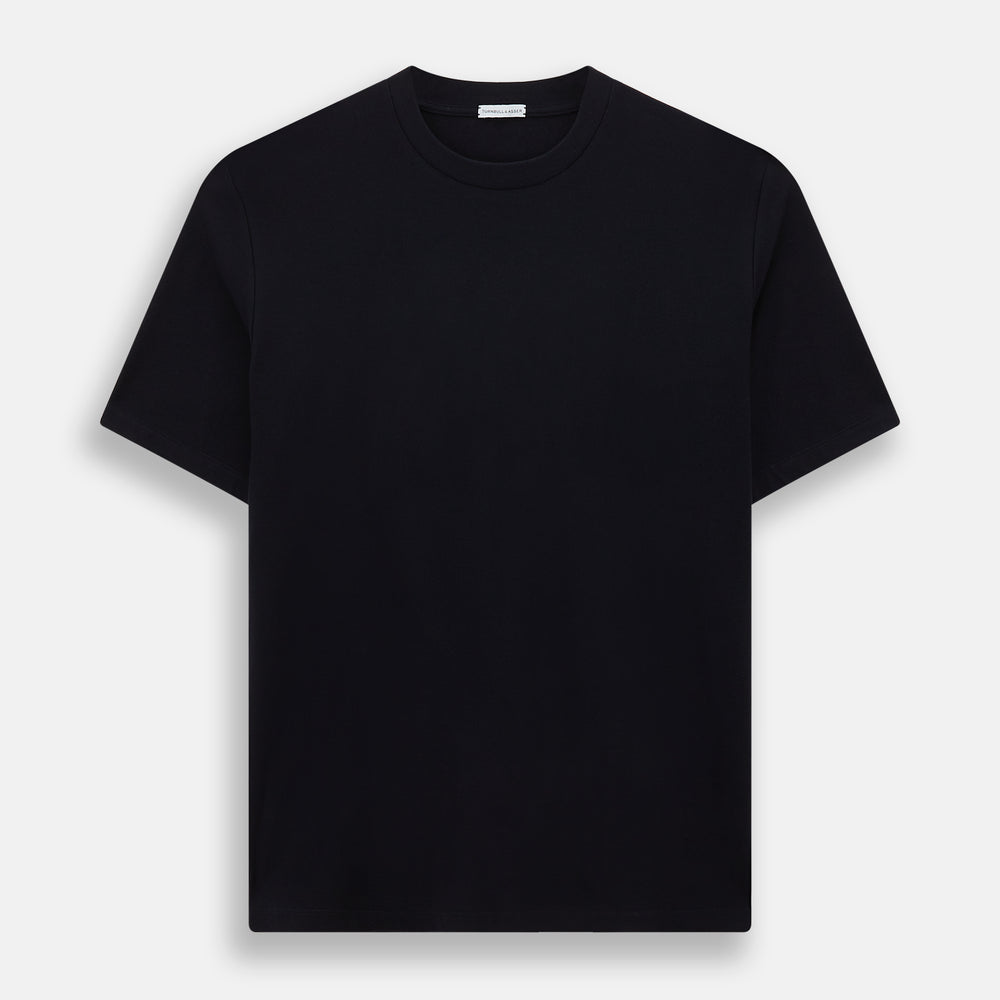 A navy short-sleeve pyjama shirt by Turnbull & Asser is laid flat on a white background, featuring a round neckline and a minimalist design—perfect for relaxed wear.