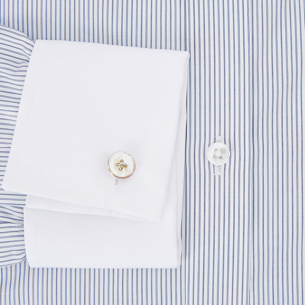Navy and Blue Ticking Stripe Shirt with Contrast Collar and Double Cuffs