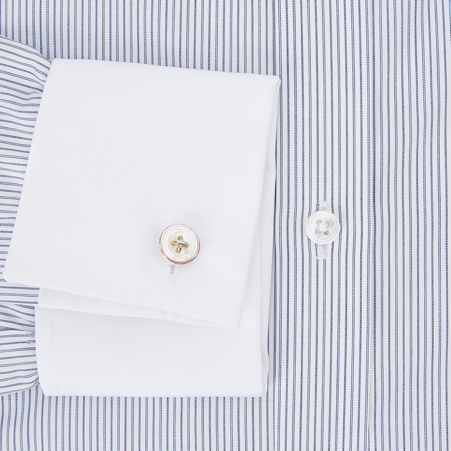 View 4 of product Navy and Blue Ticking Stripe Shirt with Contrast Collar and Double Cuffs