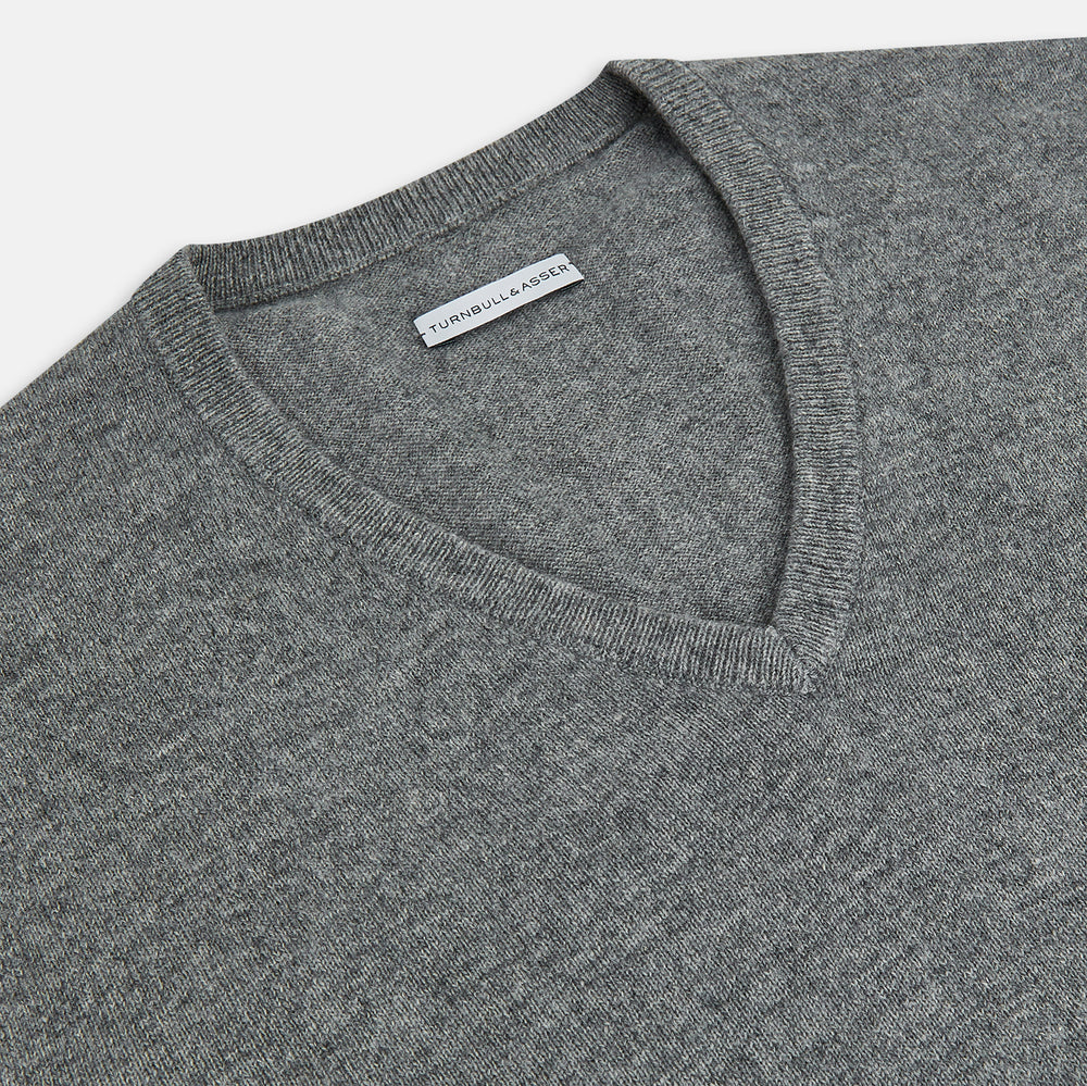 Grey Melange Cashmere V-neck Jumper