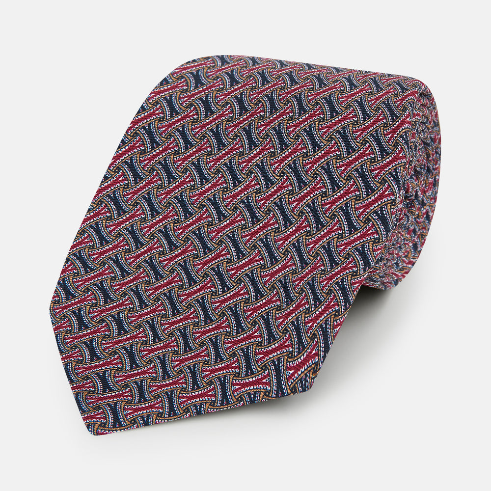Burgundy and Navy Weave-Patterned Printed Silk Tie