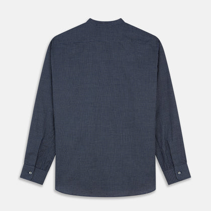 Navy Check Weekend Fit Flannel Shirt with Stand Collar and 1 Button Cuffs Image 4