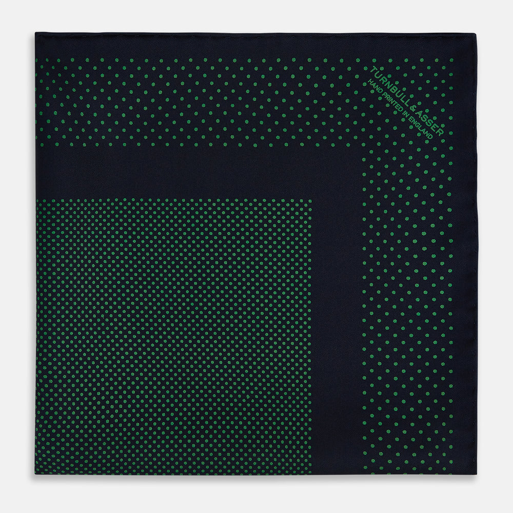 Navy and Green Dot Silk Pocket Square