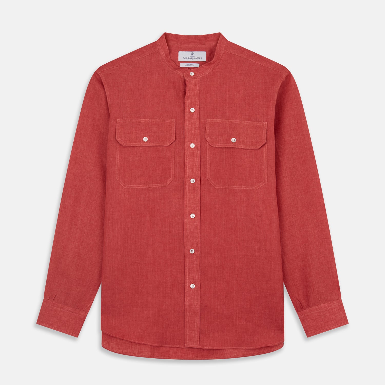 View 1 of product Plain Red Linen Weekend Fit Shirt with Stand Collar