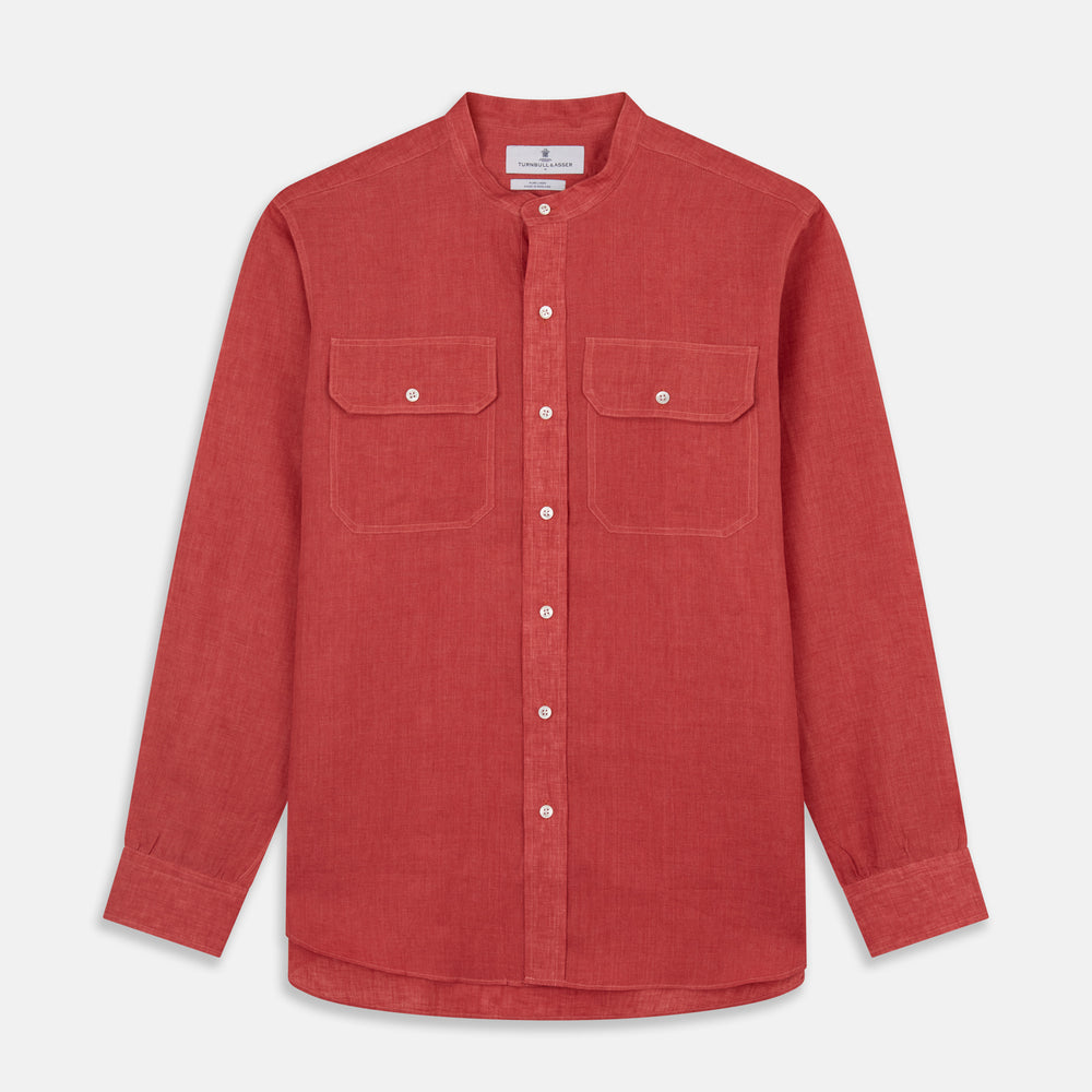 Plain Red Linen Weekend Fit Shirt with Stand Collar