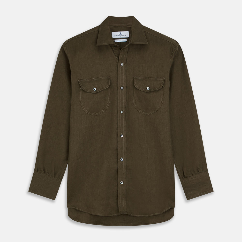 Khaki Green Linen Weekend Fit Langston Shirt