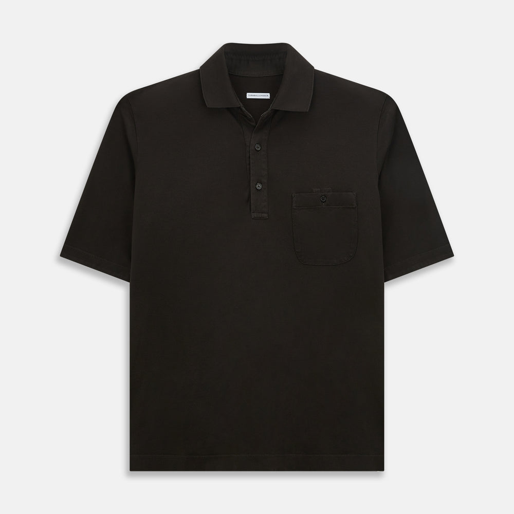 A brown short-sleeve polo shirt by Turnbull & Asser, crafted from pure cotton jersey with a collar, three buttons, and a buttoned chest pocket, laid flat on a white background.