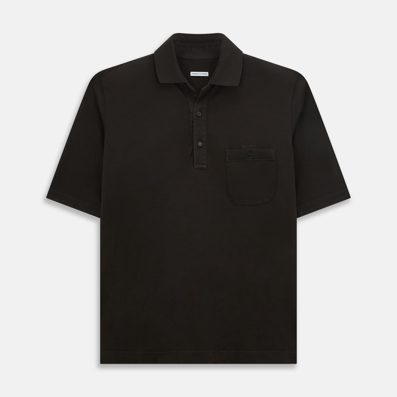 View 1 of product A brown short-sleeve polo shirt by Turnbull & Asser, crafted from pure cotton jersey with a collar, three buttons, and a buttoned chest pocket, laid flat on a white background.