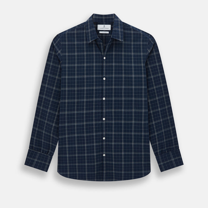 Indigo and White Thin Plaid Check Windsor Shirt