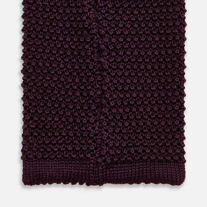 KNITTED BURGUNDY SQUARE SILK PLAIN TIE Image 3