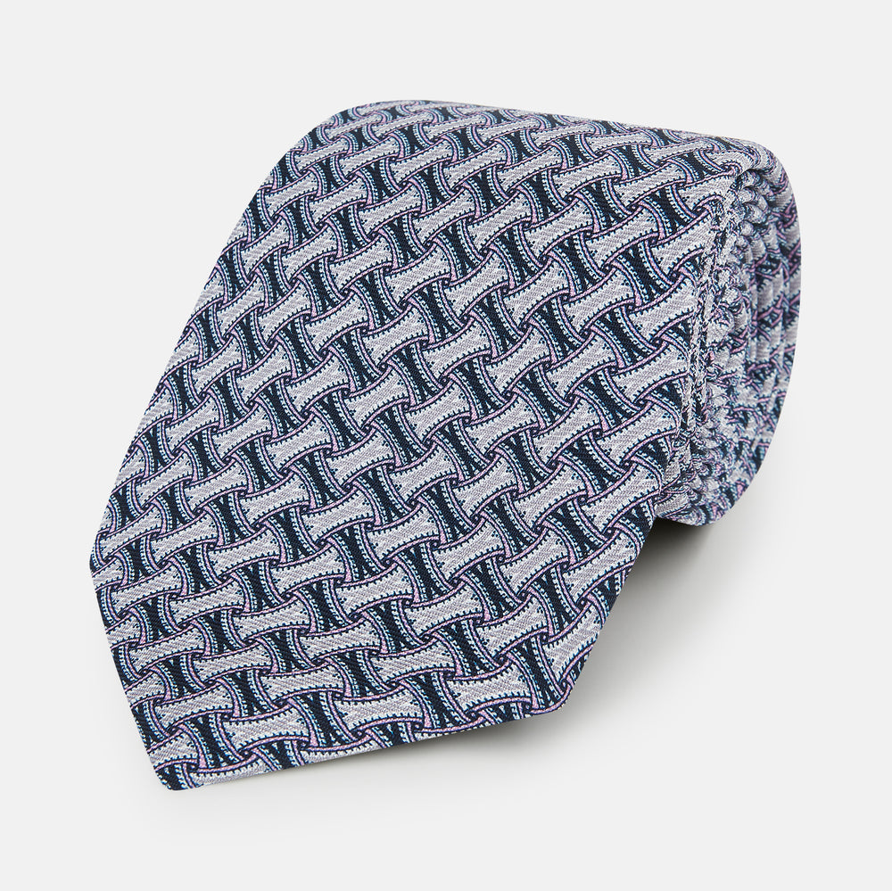 Navy and Pink Weave-Patterned Printed Silk Tie