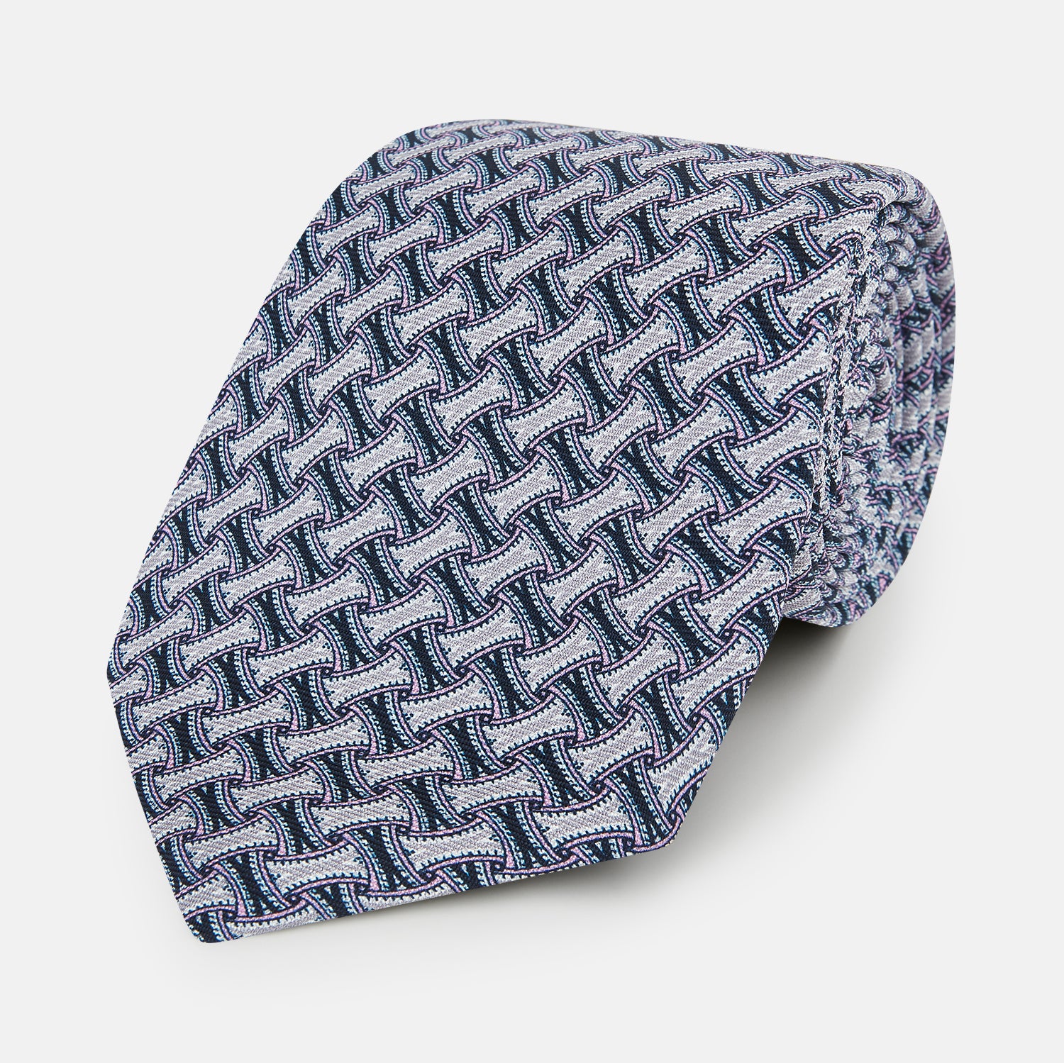 View 1 of product Navy and Pink Weave-Patterned Printed Silk Tie