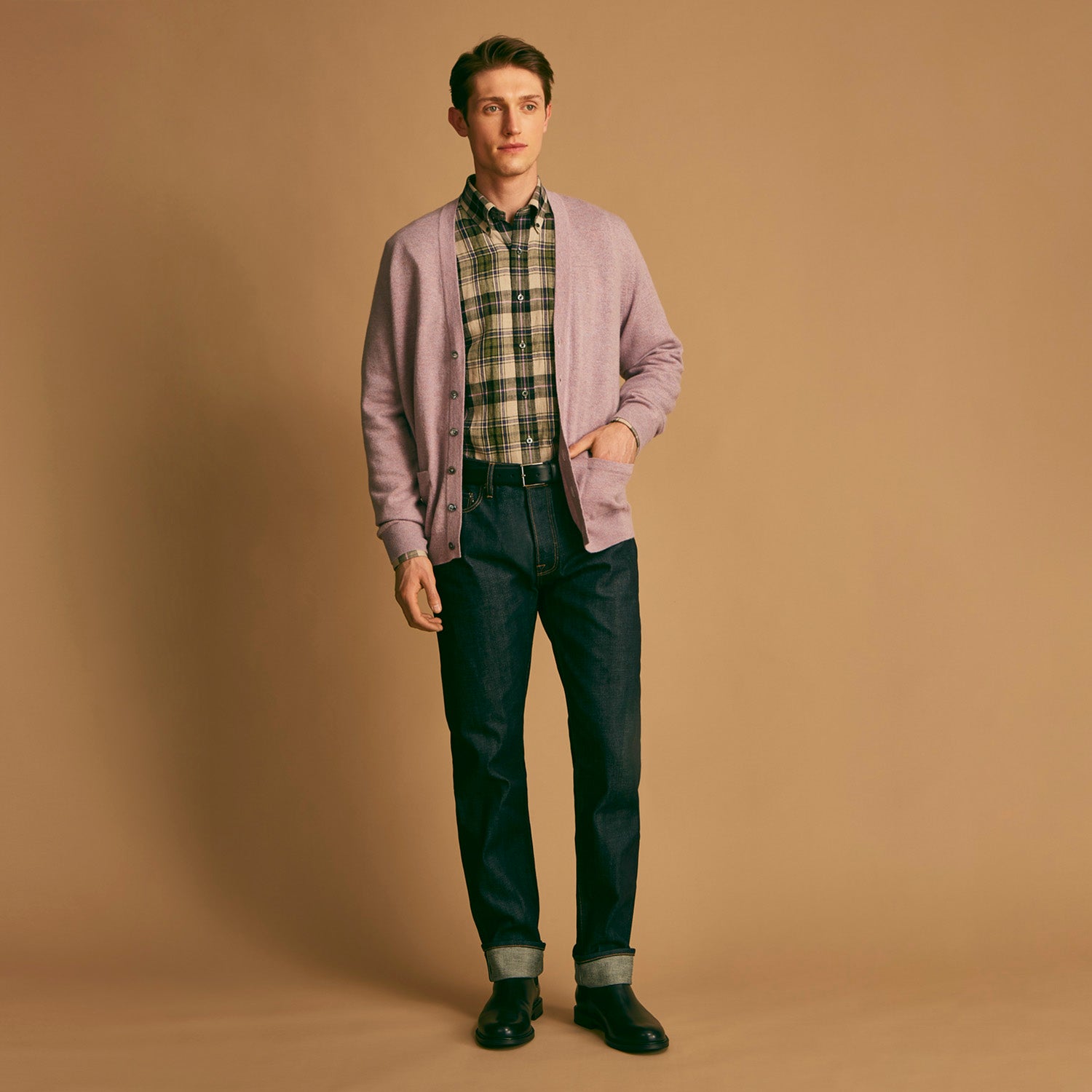 Green & Purple Check Weekend Fit Linen Shirt with Dorset Collar and 1 Button Cuffs