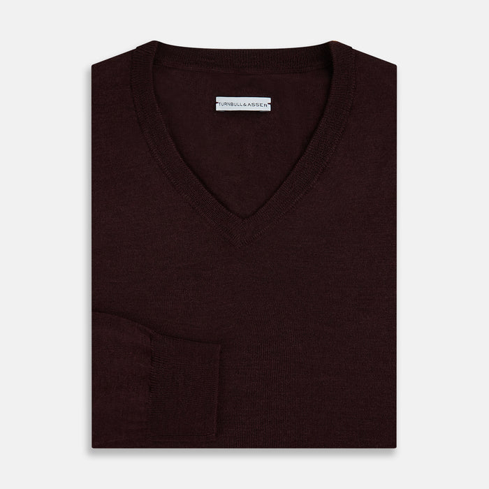 Burgundy Fine Merino V-Neck Jumper Image 3