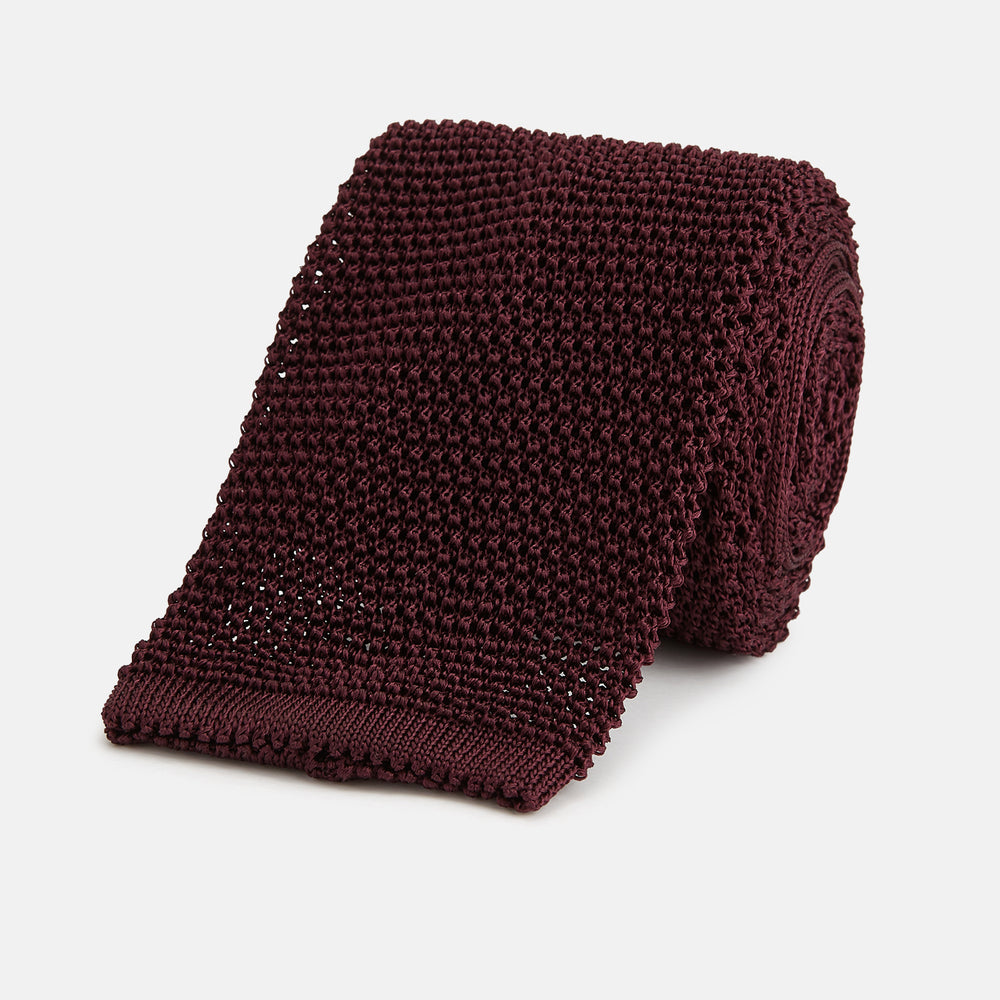 KNITTED BURGUNDY SQUARE SILK PLAIN TIE