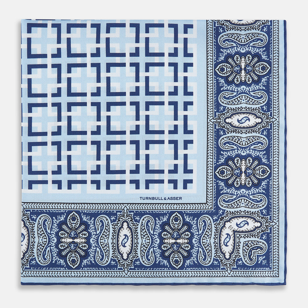 Blue Square-Patterned and Paisley Patterned Silk Pocket Square