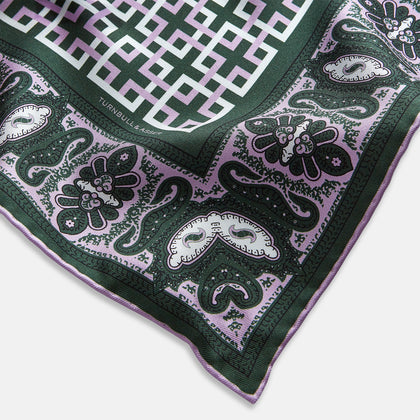 Forest Green Square-Patterned and Paisley Patterned Silk Pocket Square