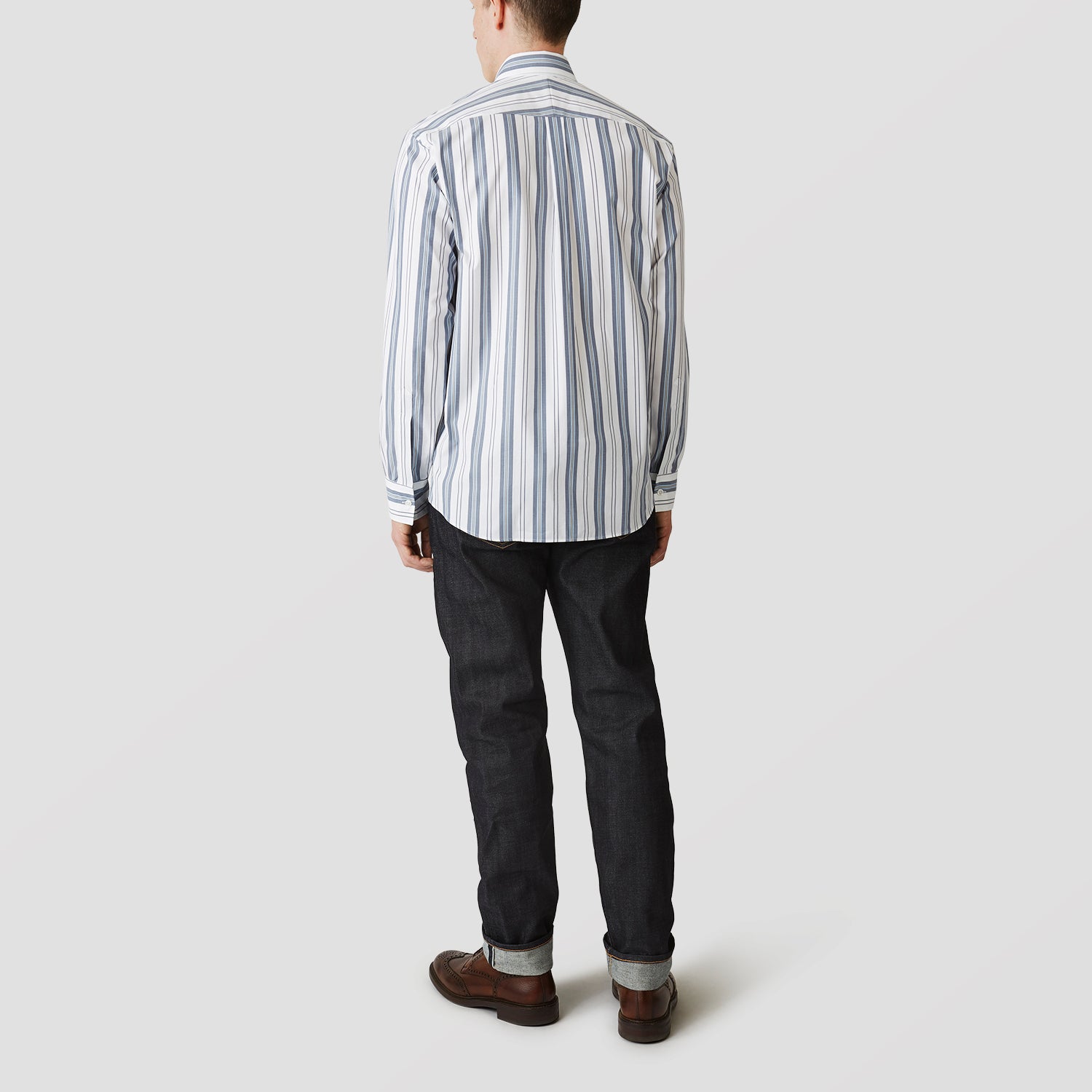 View 3 of product Blue, Green & White Stripe Weekend Fit Shirt with Derby Collar & 1-Button Cuffs