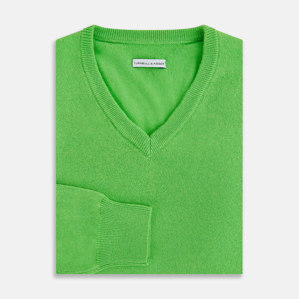 Lime Green Cashmere V-Neck Jumper