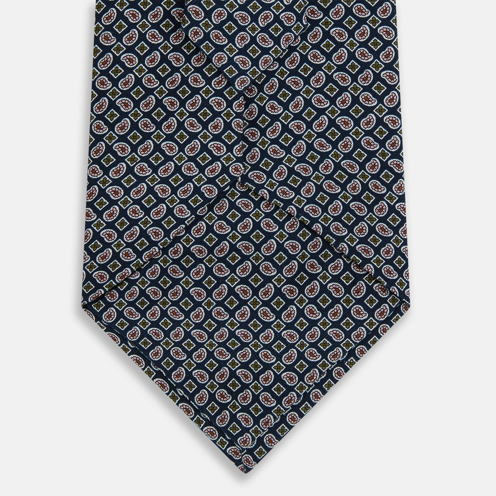 Navy Mélange Paisley and Square Print Silk Tie