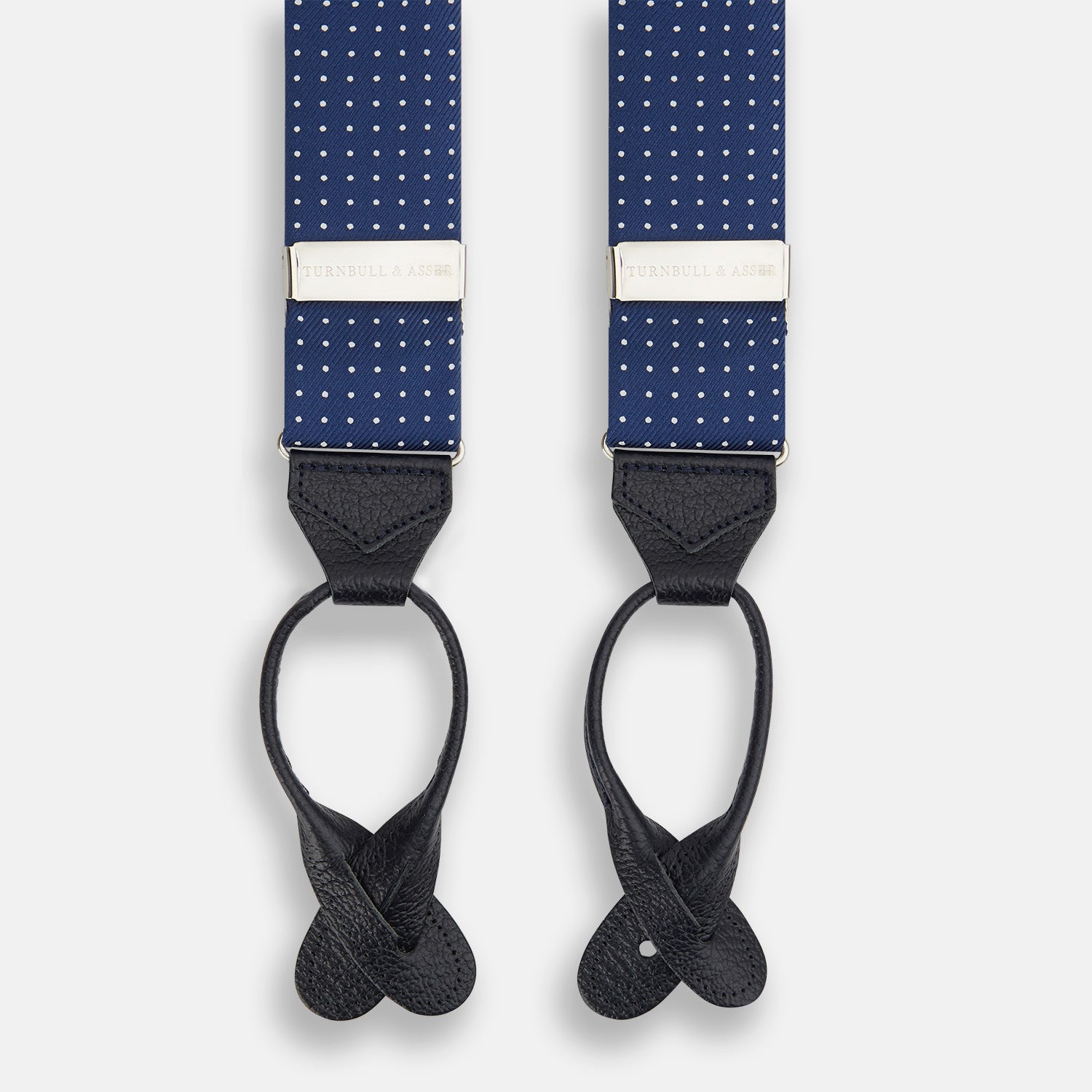 View 1 of product Navy & White Small Spot Adjustable Silk and Navy Leather Braces