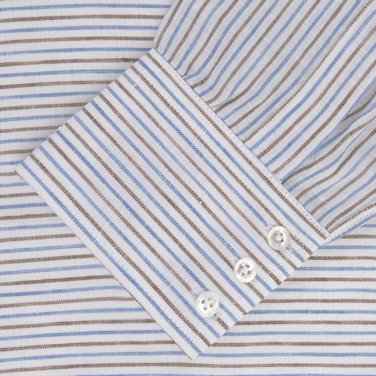View 2 of product Brown and Blue Ticking Stripe Linen Shirt with POW Collar and 3-Button Cuffs