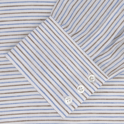 Brown and Blue Ticking Stripe Linen Shirt with POW Collar and 3-Button Cuffs
