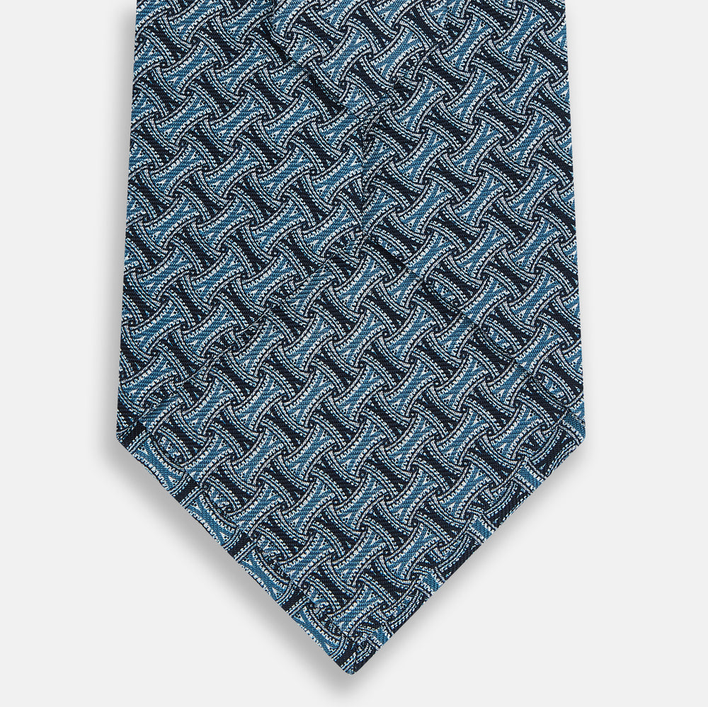 Pale Blue and Navy Weave-Patterned Printed Silk Tie