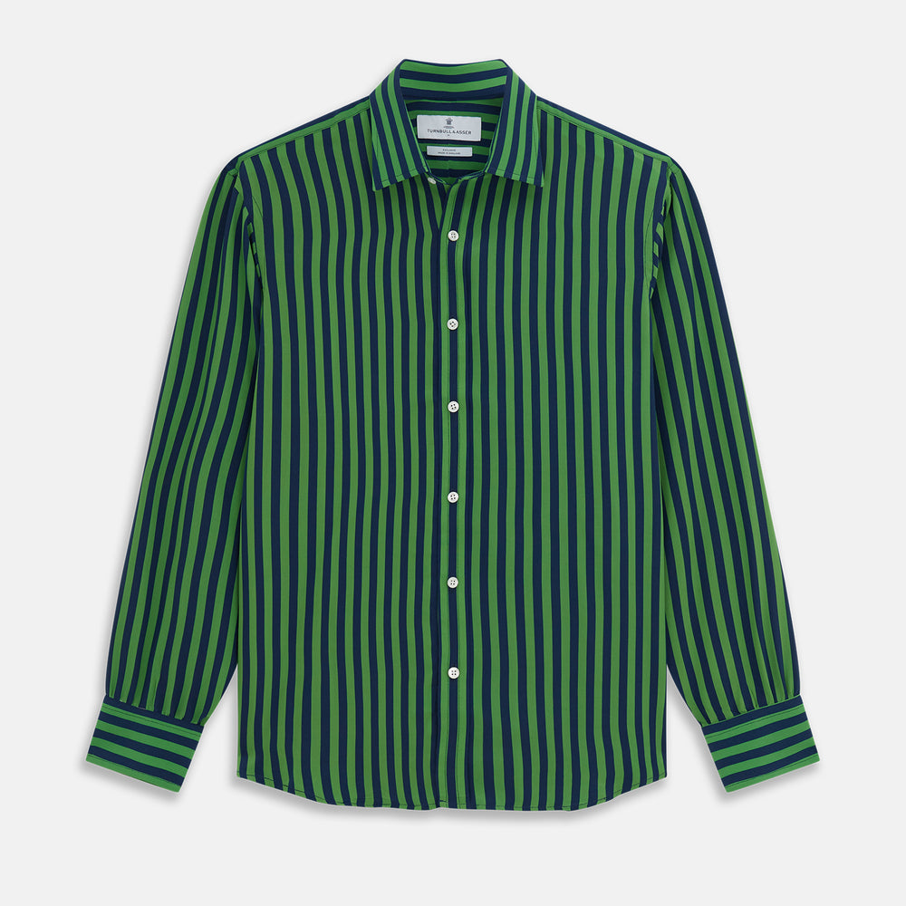 Green and Navy Candy Stripe Silk Weekend Fit Harold Shirt Turnbull & Asser US Green and Navy Candy Stripe Silk Weekend Fit Harold Shirt Turnbull & Asser US