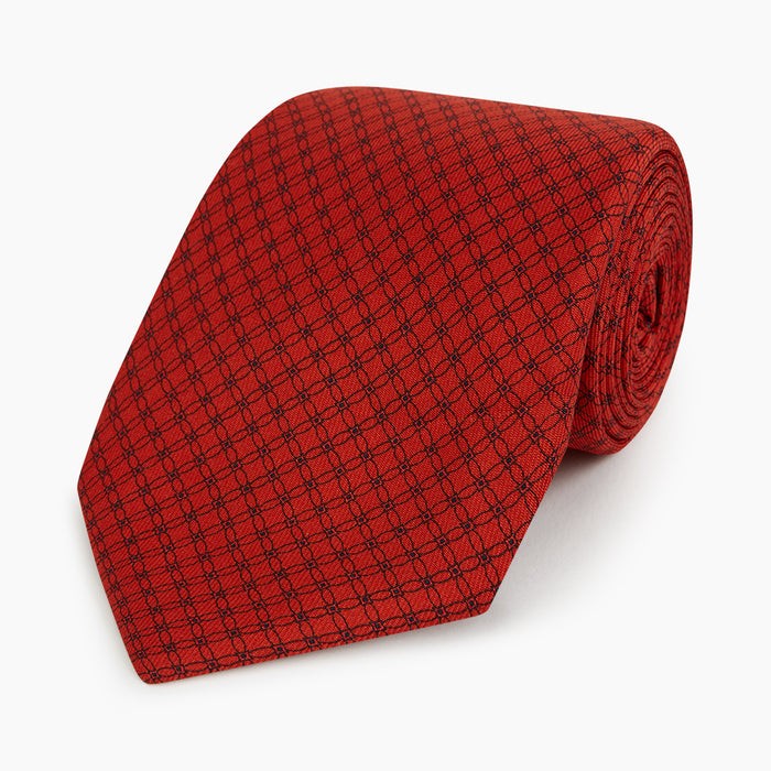 Red Lattice-Patterned Printed Silk Tie Image 4