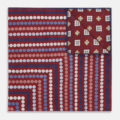 Red Dots and Floral Tile Double-Sided Silk Pocket Square
