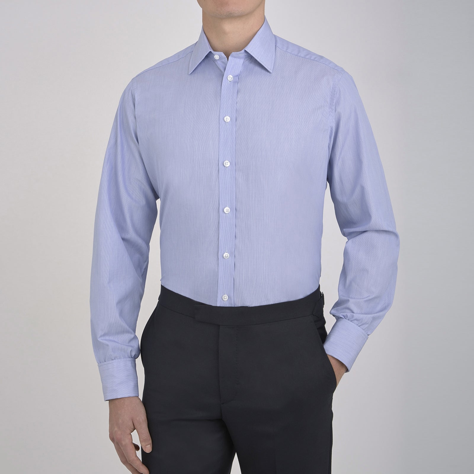 Blue Hairline Stripe Shirt with T&A Collar and Double Cuffs