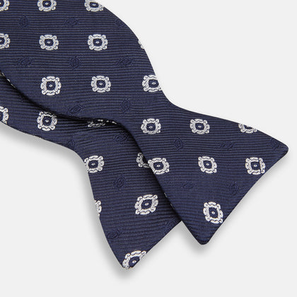 Navy and White Motif Silk Bow Tie Image 2