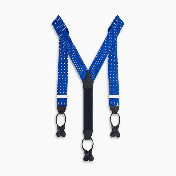 Pale Blue & White Small Spot Adjustable Silk and Navy Leather Braces Image 2