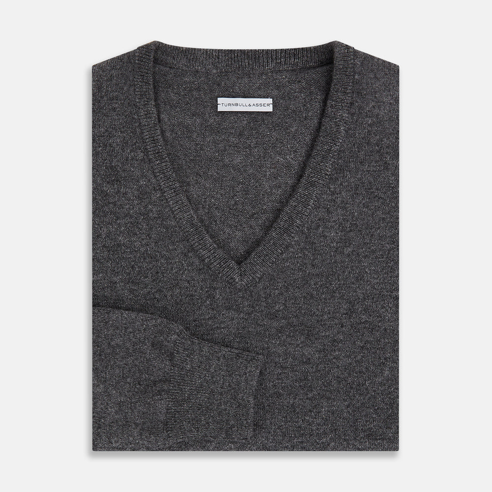 Turnbull Asser Charcoal Grey Cashmere V Neck Jumper