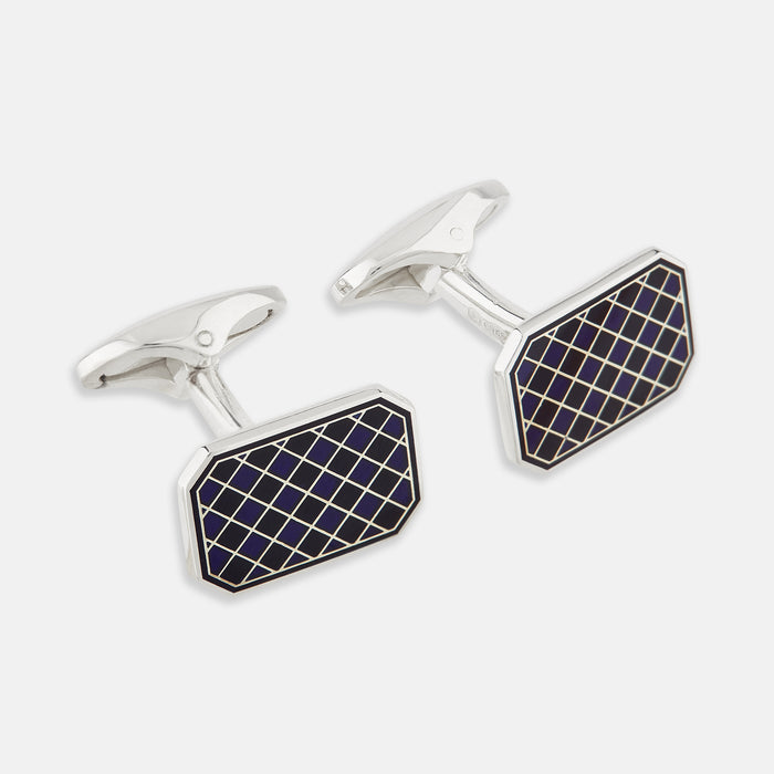 Navy Checkered Rectangular Enamel Cufflinks